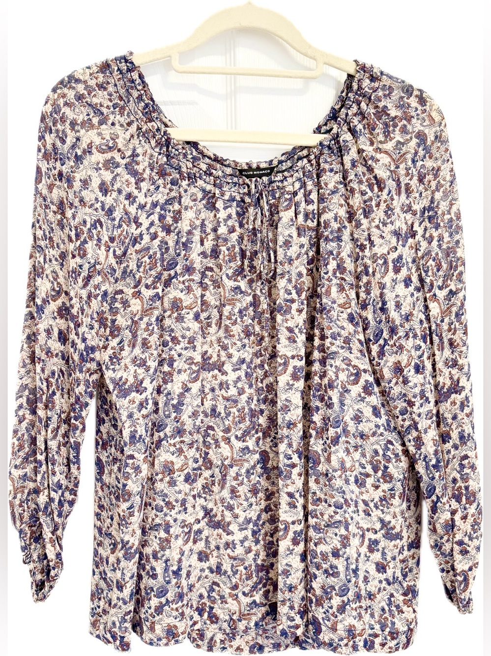 100% Mulberry Silk Cream Paisley Tie-Neck Blouse with Blue and Brown Accents